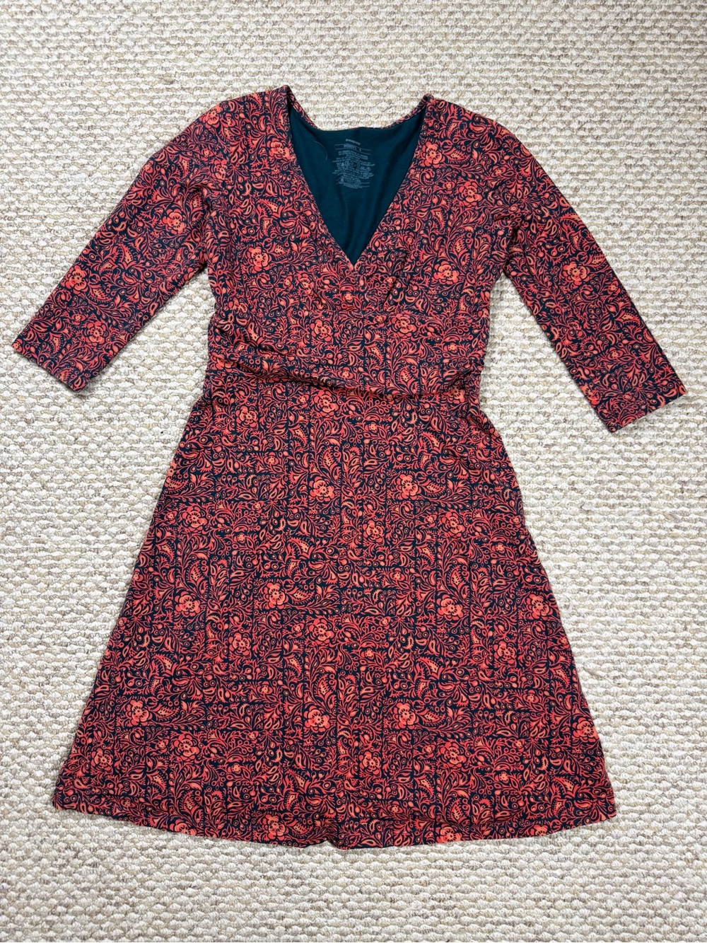 Patagonia Margot 3/4 Sleeve Organic Cotton Paisley Dress Small Coral Teal